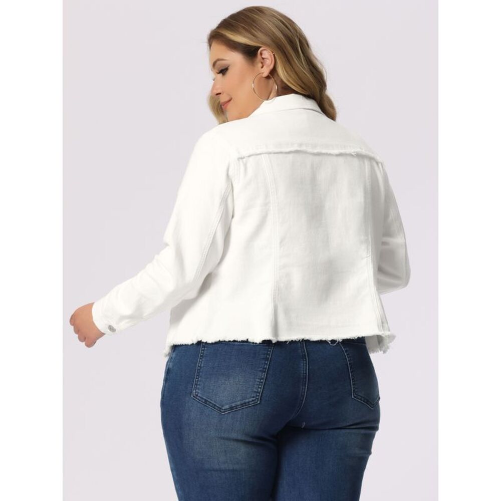 Women's Plus Size Classic Washed Front Frayed Denim Jacket White - Picture 4 of 5